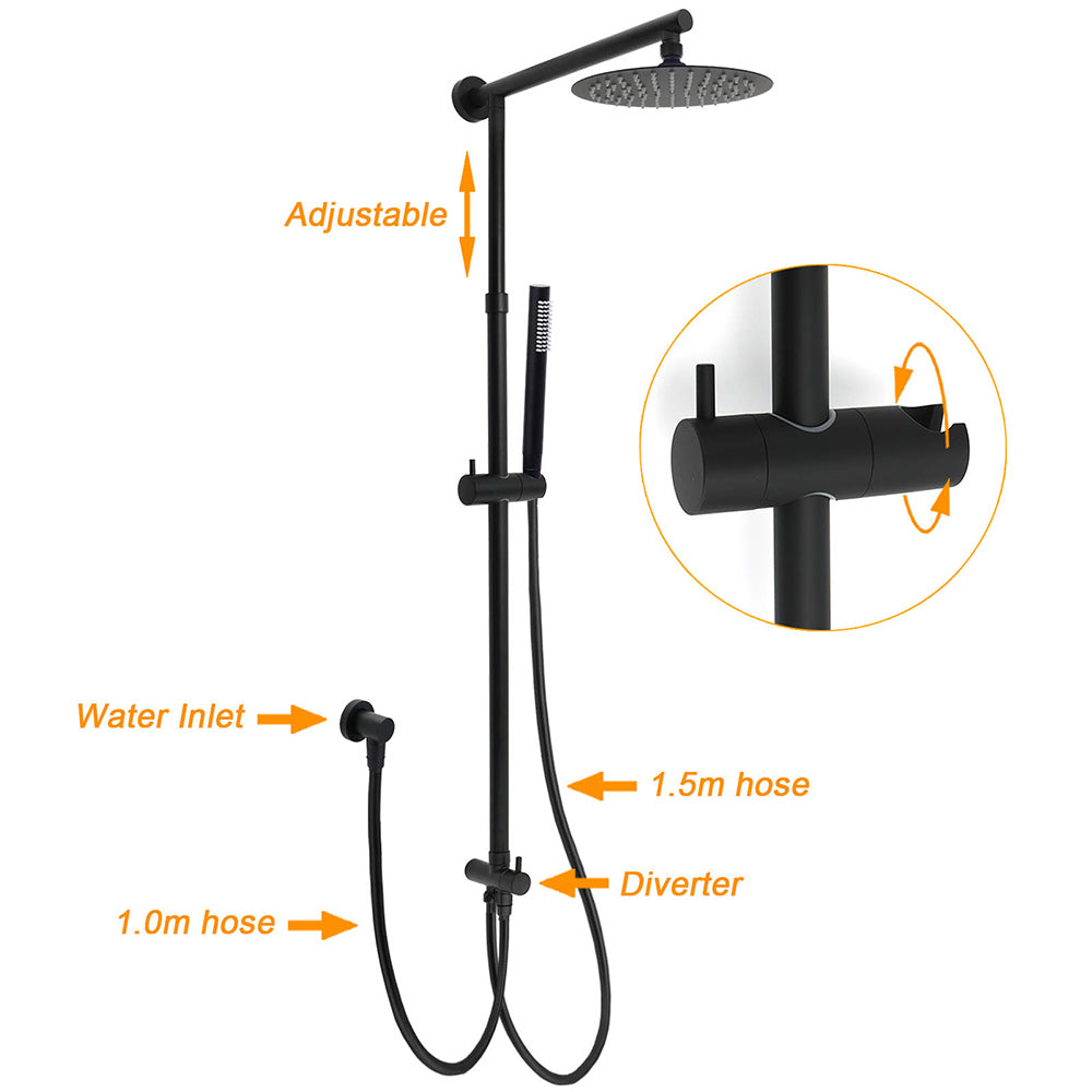 WELS Matt Black 2in1 Shower 8" Round Head Set Sliding Rail Single Mode Handheld + Twin Taps