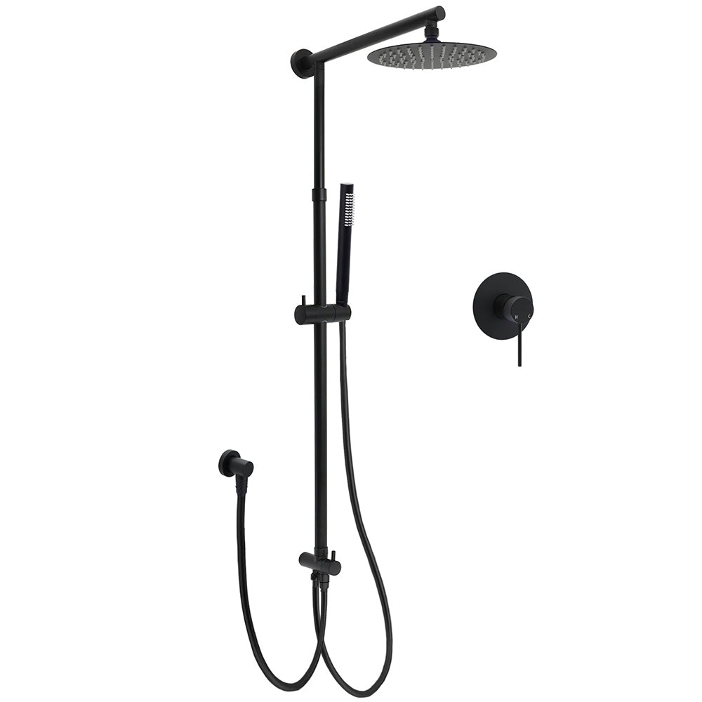 WELS Matt Black Twin Shower 8" Round Rain Head Set Sliding Rail Single Mode Handheld + Mixer