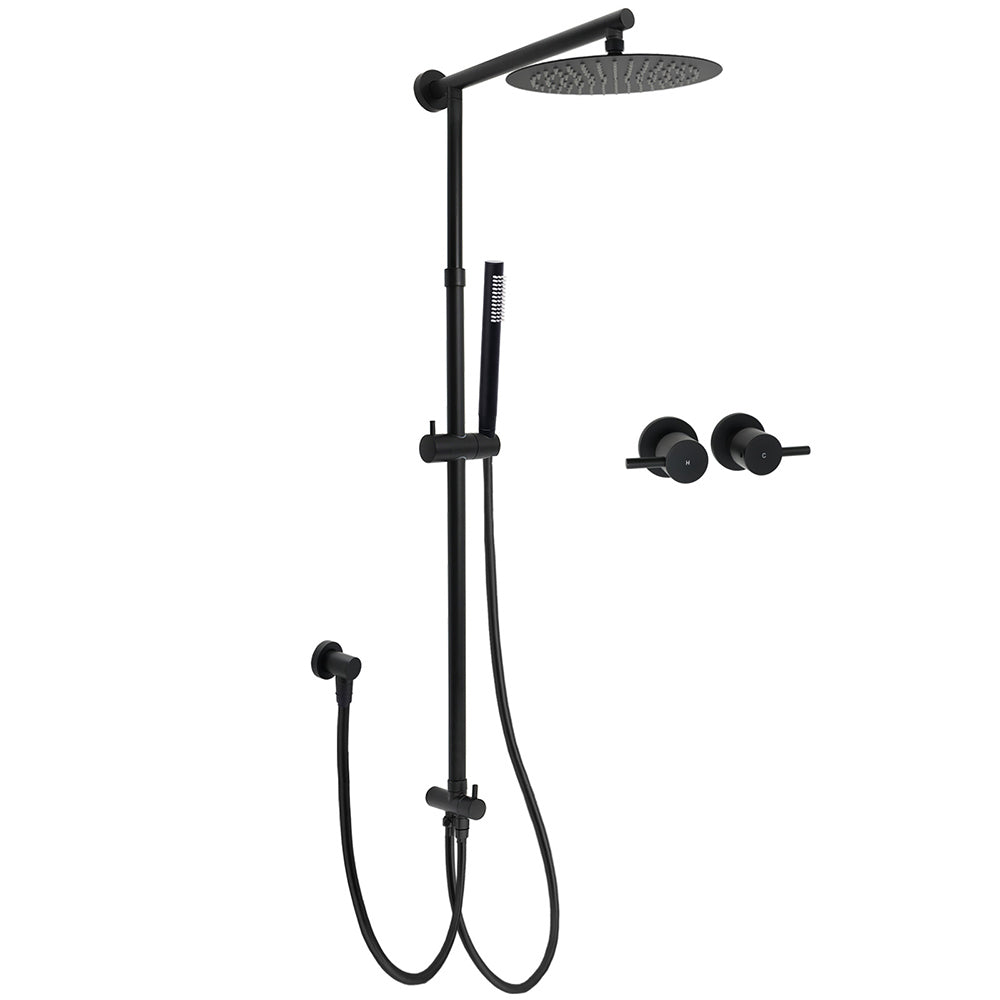 Matt Black Round Dual Shower Set 10" Rain Head Metal Handheld Sliding Rail Arm Twin Taps