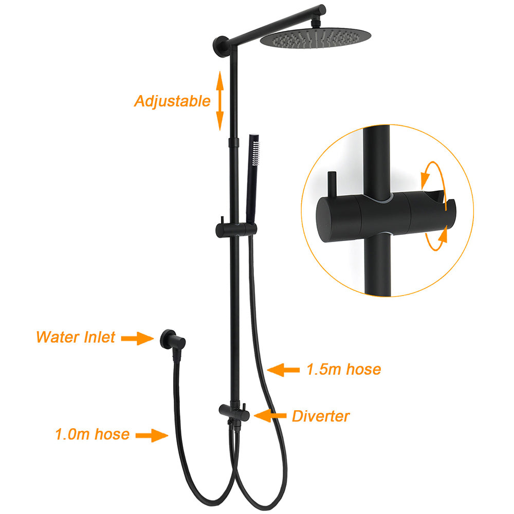 Matt Black Round Dual Shower Set 10" Rain Head Metal Handheld Sliding Rail Arm Twin Taps
