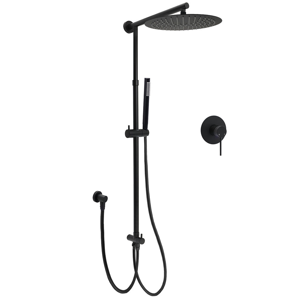 WELS Matt Black Twin Round 12" Shower Head Set Metal Handheld Flexible Rail Wall Arm Mixer