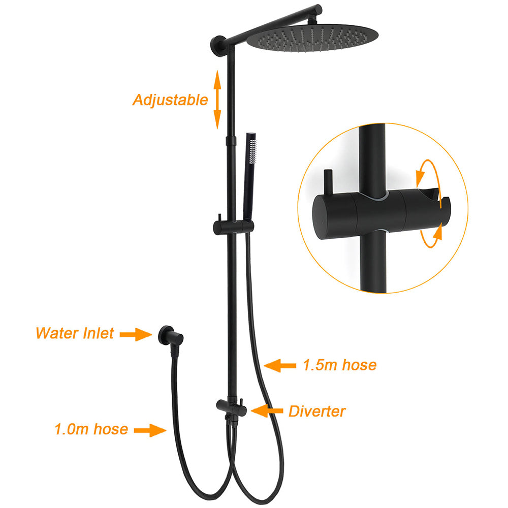 WELS Matt Black Twin Round 12" Shower Head Set Metal Handheld Flexible Rail Wall Arm Mixer