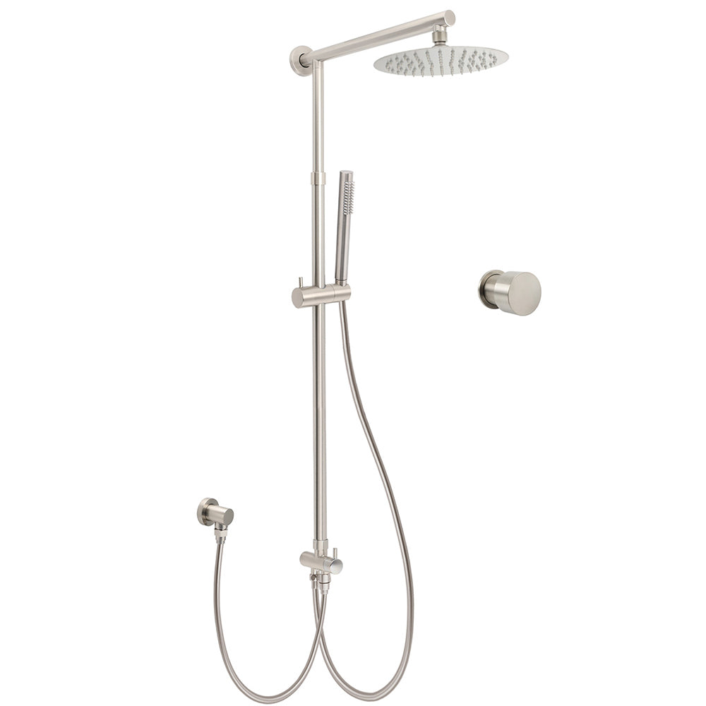 Brushed Nickel 8" Thin Rain Head Twin Shower Metal Handheld Rose Sliding Rail Arm Set With Mixer
