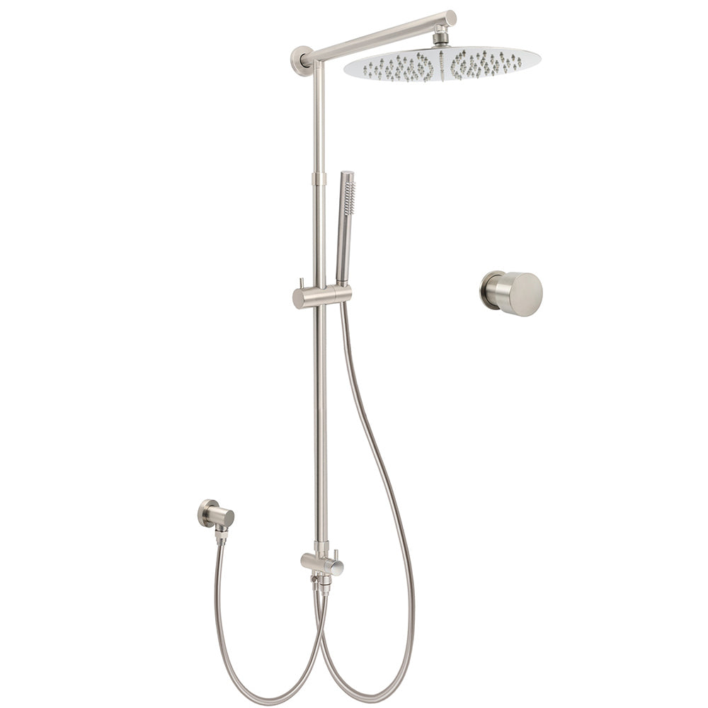 Brushed Nickel 12" Large Rain Head Twin Shower Handheld Rose Sliding Rail Arm Set With Mixer