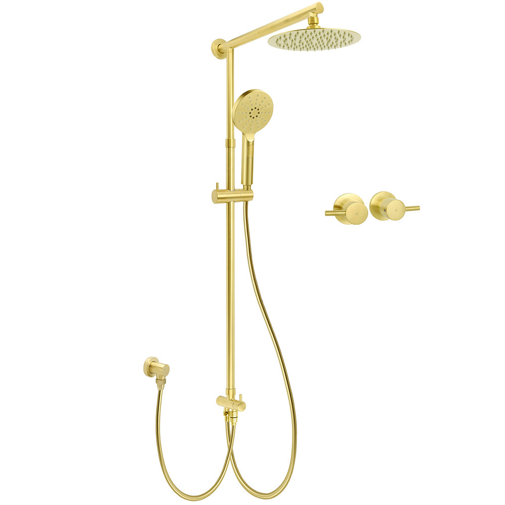 WELS Brushed Gold 8" Round Shower Head 3 Mode Handheld Rose Sliding Rail Twin Taps Set
