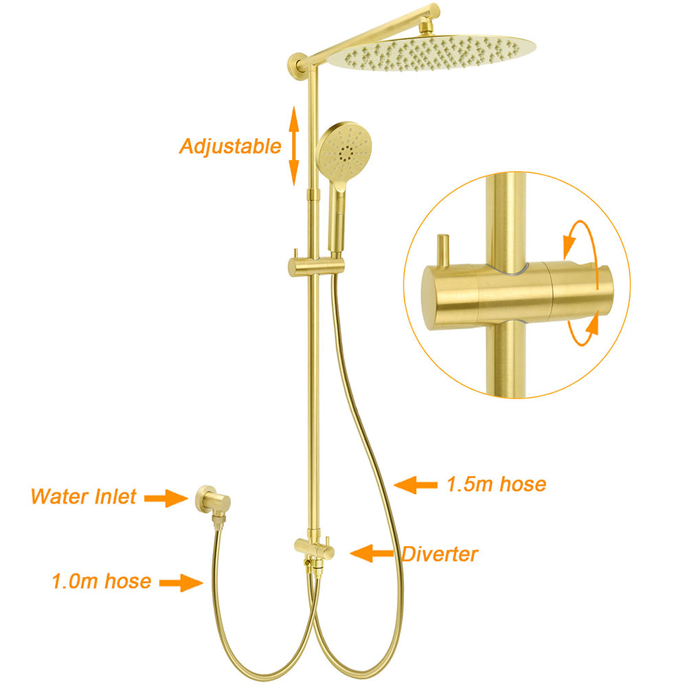 WELS Brushed Gold Rain Shower 12" Head 3 Mode Handheld Rose Sliding Rail Round Taps Set