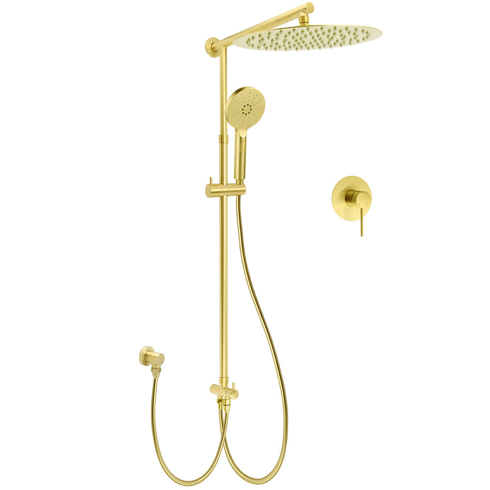 WELS Brushed Gold 2in1 Large Round Shower 12" Rain Head 3 Mode Handheld Sliding Rail Mixer Set