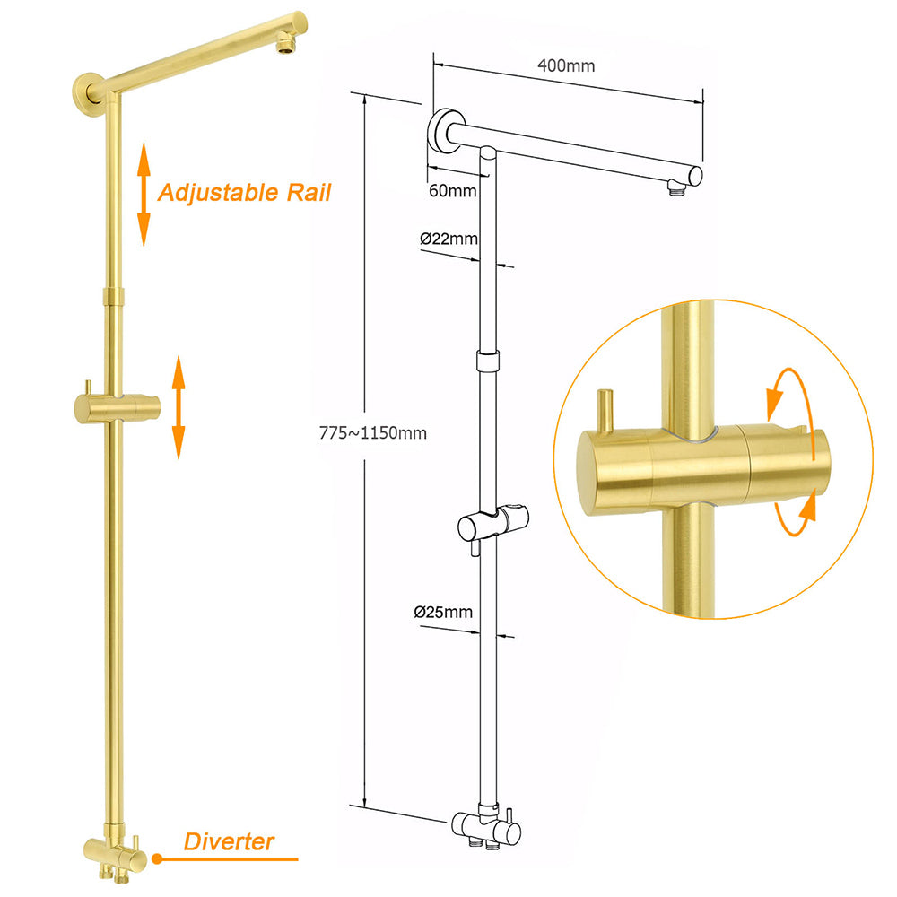Brushed Gold Square 8" Rain Shower Head 3 Mode Handheld Sliding Rail Arm Dual Diverter Set