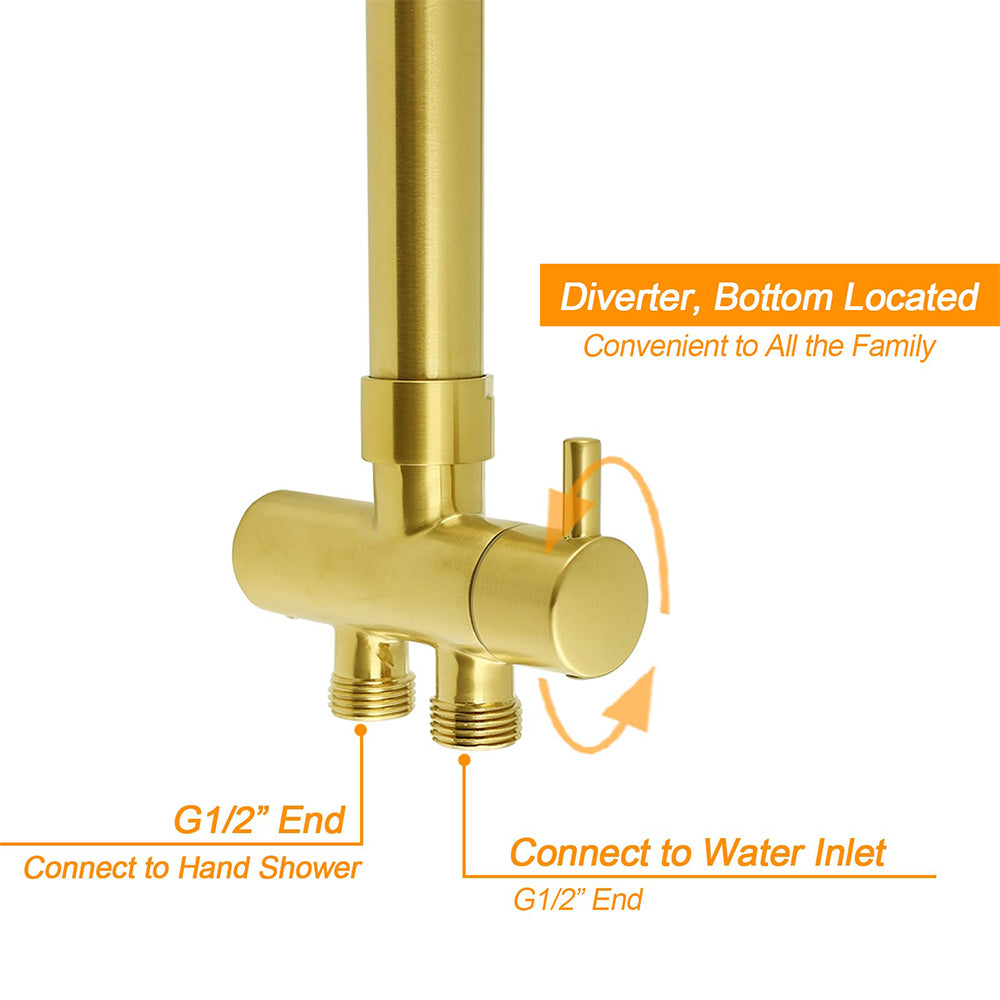 Brushed Gold Square 8" Rain Shower Head 3 Mode Handheld Sliding Rail Arm Dual Diverter Set