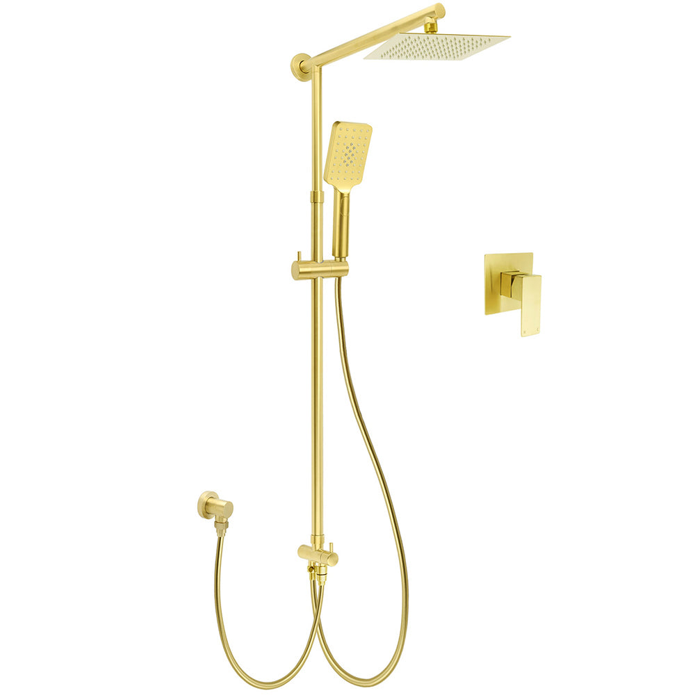 WELS Brushed Gold Square 8" Rain Shower Head 3 Mode Handheld Sliding Rail Arm Dual Mixer Set