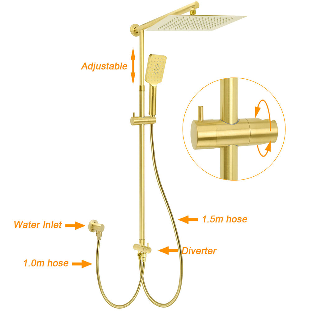 WELS Brushed Gold Square 12" Rainfall Head 3 Modes Handheld Sliding Rail Wall Mixer 2in1 Shower Set