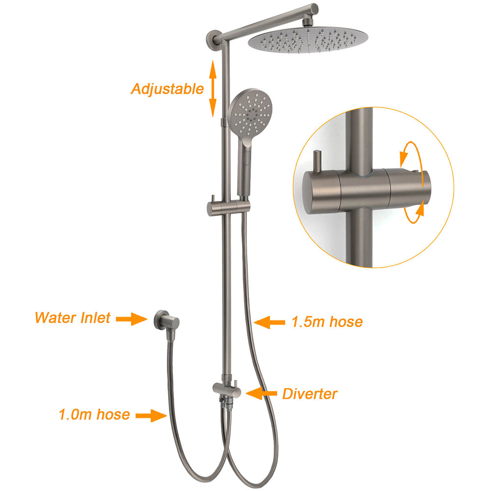 WELS Gun Metal Dual Round Shower 10" Rain Head 3 Mode Handheld Sliding Rail Arm Mixer Set