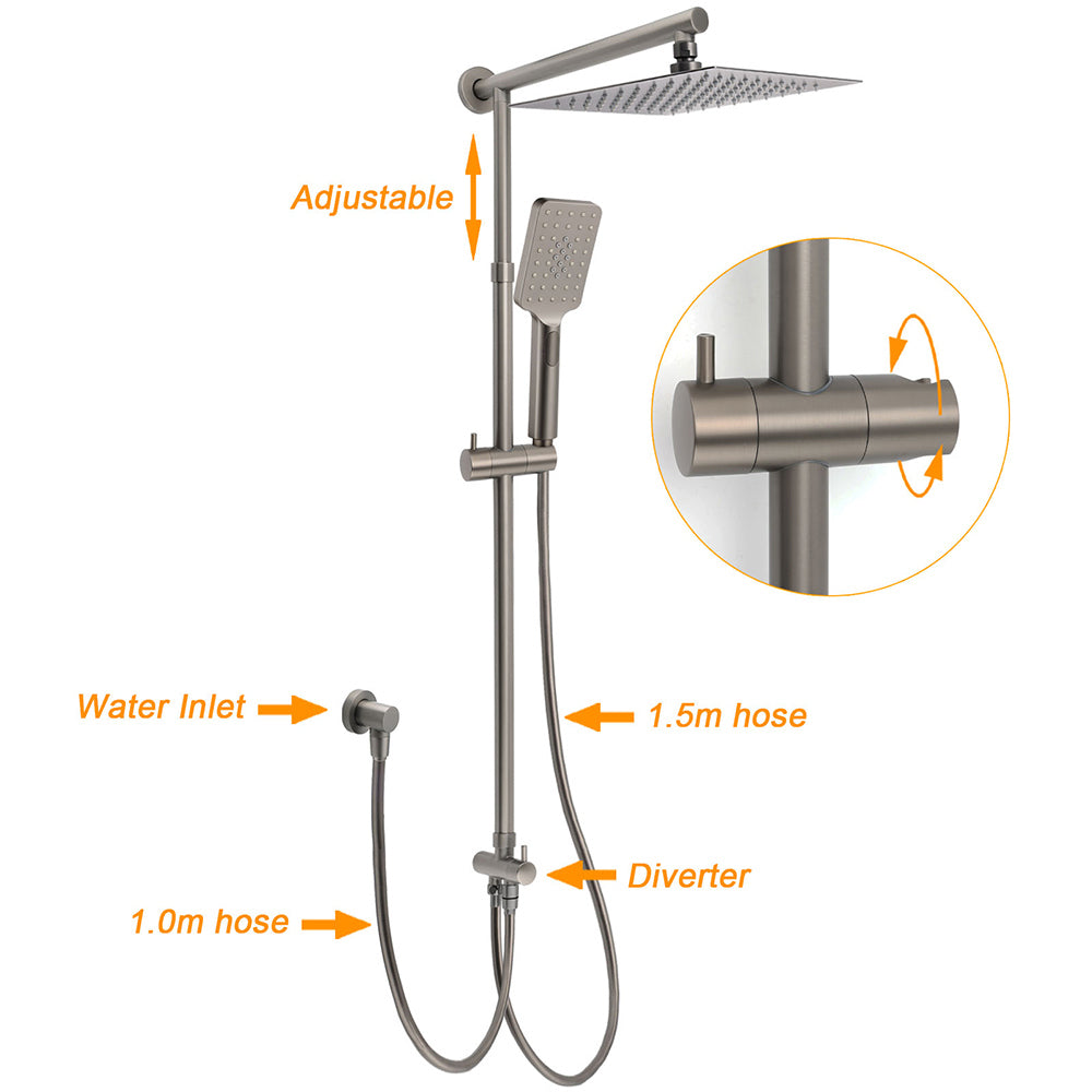WELS Gun Metal 2in1 Shower Set Square 12" Rain Head 3 Modes Handheld Silde Rail Hot Cold Mixer