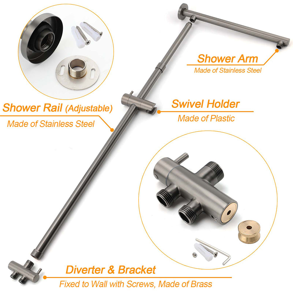 WELS Gun Metal Double Round Shower 10" Rain Head Metal Handheld Sliding Rail Mixer Valve Set