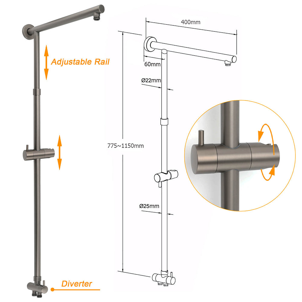 WELS Gun Metal 2in1 Round Shower Set 10" Rain Head Metal Handheld Sliding Rail Small Face Mixer