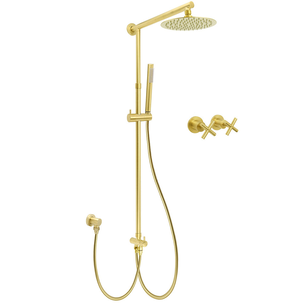 WELS Brushed Gold Shower 8" Round Head Stainless Steel Handheld Rose Sliding Rail Mixer Dual Set