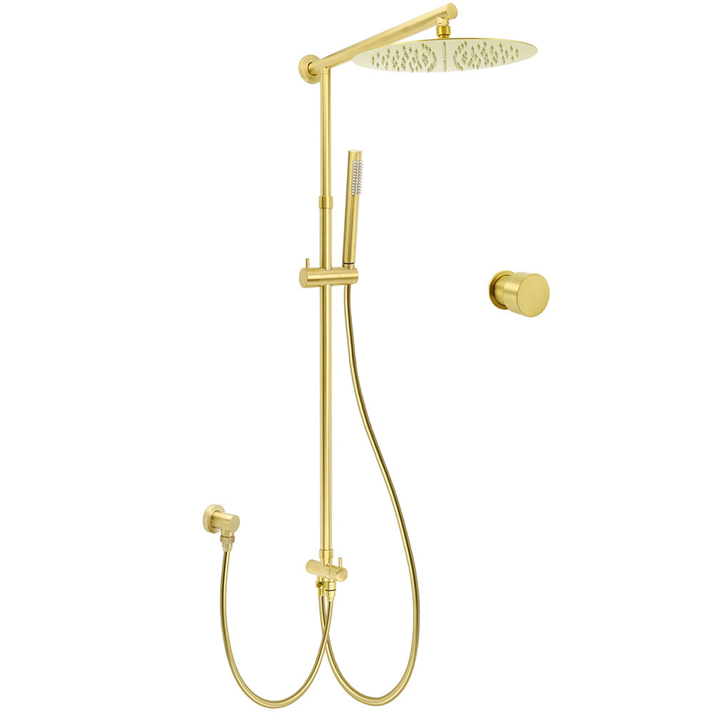 Brushed Gold Dual Round Shower 12" Top Head Simple Stick Handheld Sliding Rail Arm Mixer Valve