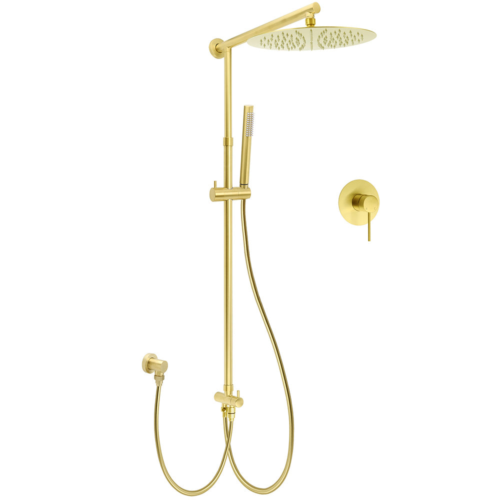 WELS Brushed Gold 2in1 Large Round Shower 12" Rain Head Stainless Steel Handheld Sliding Rail Mixer Set