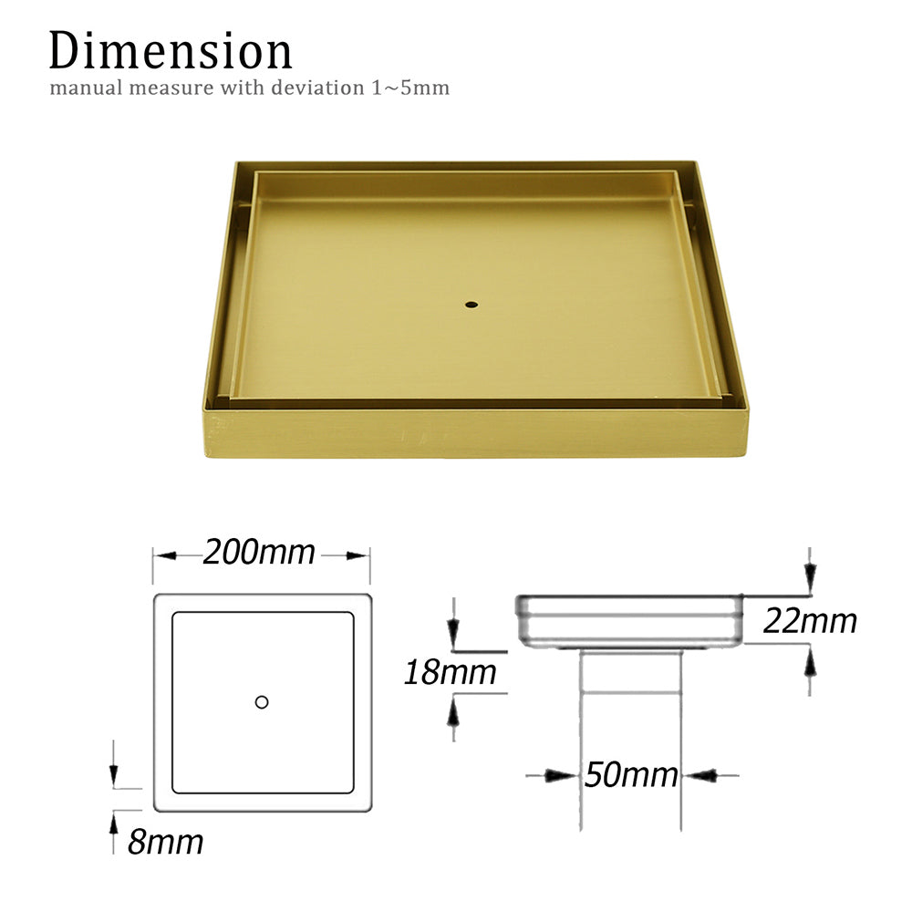 Brushed Gold Large 200mm Tile Insert Floor Drain Shower Grate 50mm Waste Outet