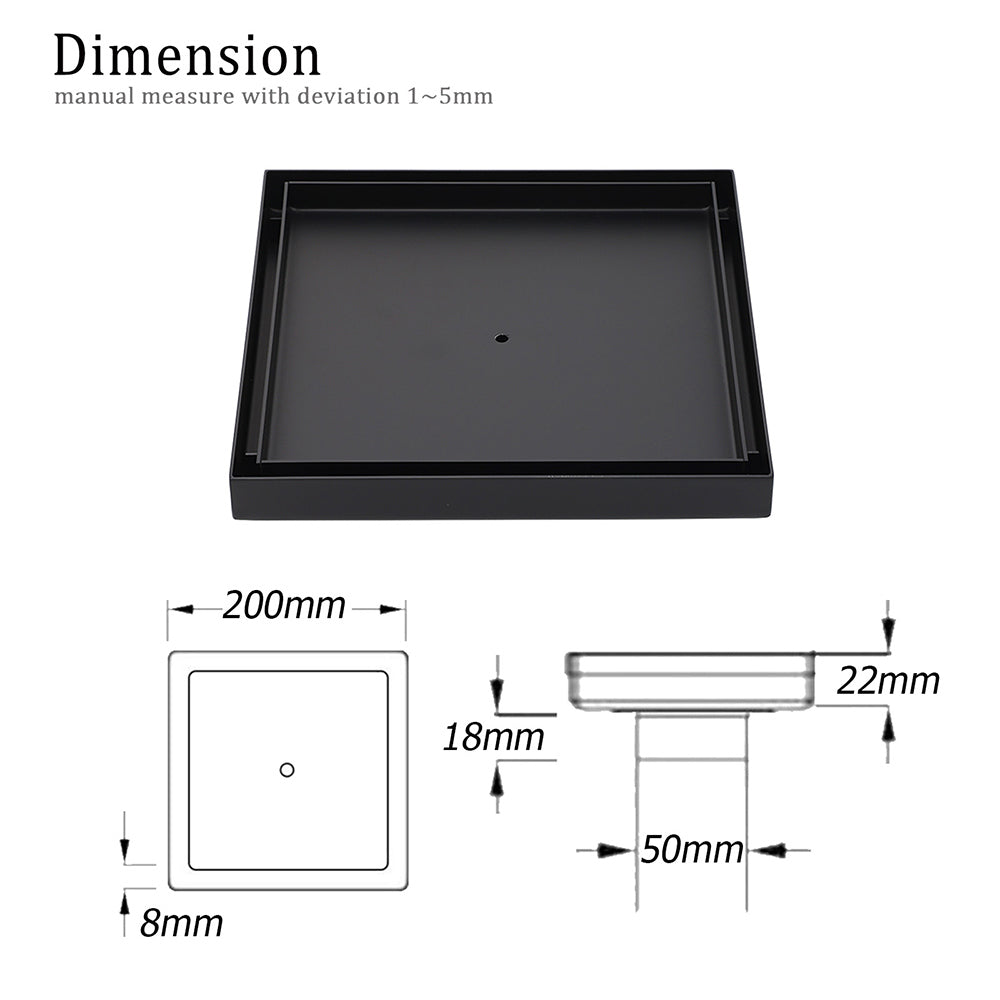 Matt Black Bathroom Big 200mm Tile Insert Floor Drain Shower Grate 50mm Outlet
