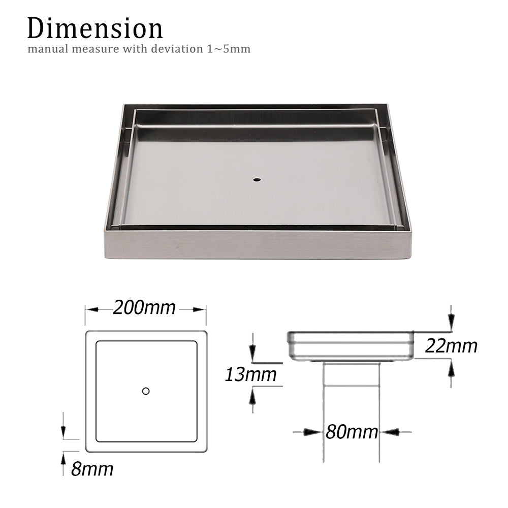 Bathroom Large Square 200x200mm Tile Insert Floor Drain Shower Grate 80mm Waste