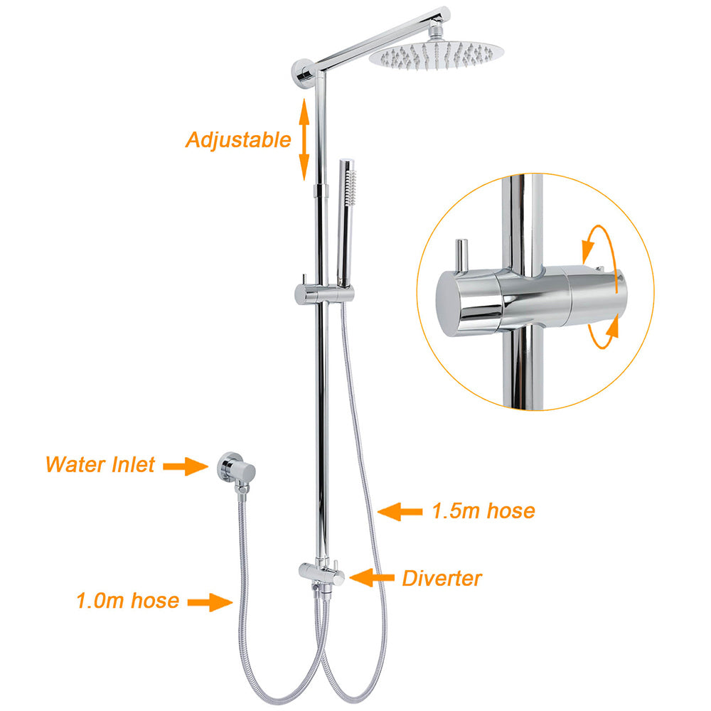 WELS Chrome Round 2in1 8" Stainless Steel Rainfall Head Handheld Sliding Wall Rail Shower Mixer Set