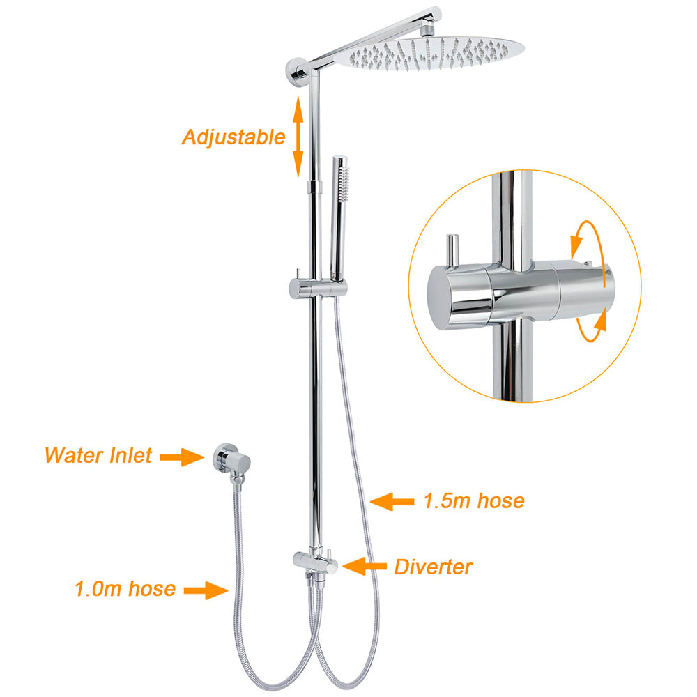 WELS Chrome Round Large 12" Rain Shower Head Single Mode Handheld Wall Arm Rail 2in1 Set