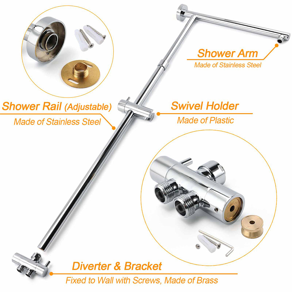 WELS Round 12" Rain Twin Shower Head Stainless Steel Handheld Wall Rail Chrome Mixer Valve Set