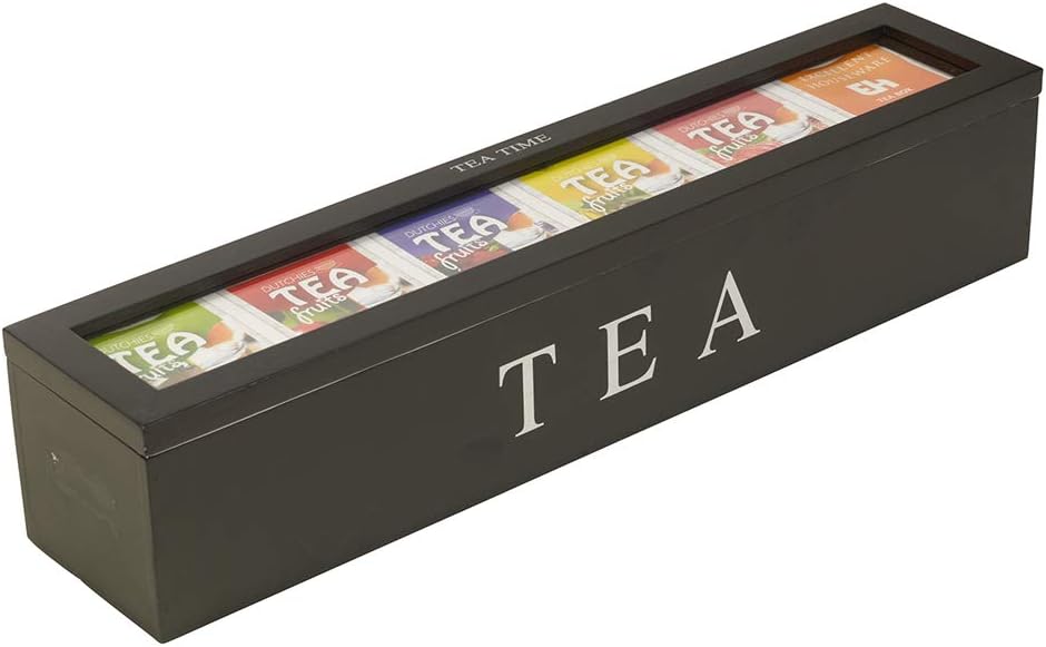 Tea box - Tea box 6 compartments - Wooden tea box - Suitable for loose tea - Black