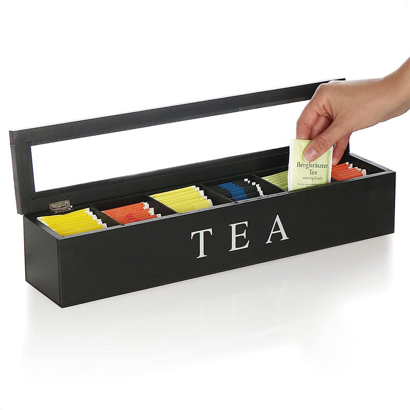Tea box - Tea box 6 compartments - Wooden tea box - Suitable for loose tea - Black
