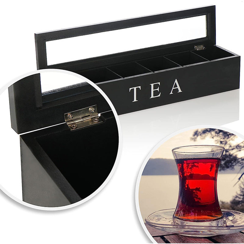 Tea box - Tea box 6 compartments - Wooden tea box - Suitable for loose tea - Black