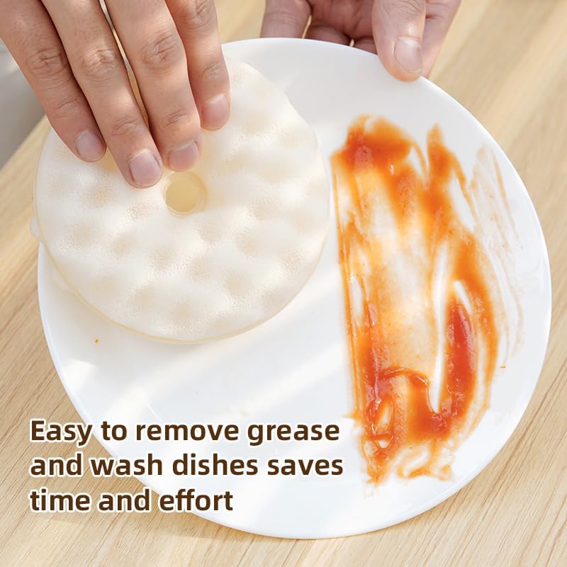 Double-sided dishwashing brush - Sponge brush with suction cup - 1 base + 2 refillable sponges - Scratch-free kitchen brush - Beige