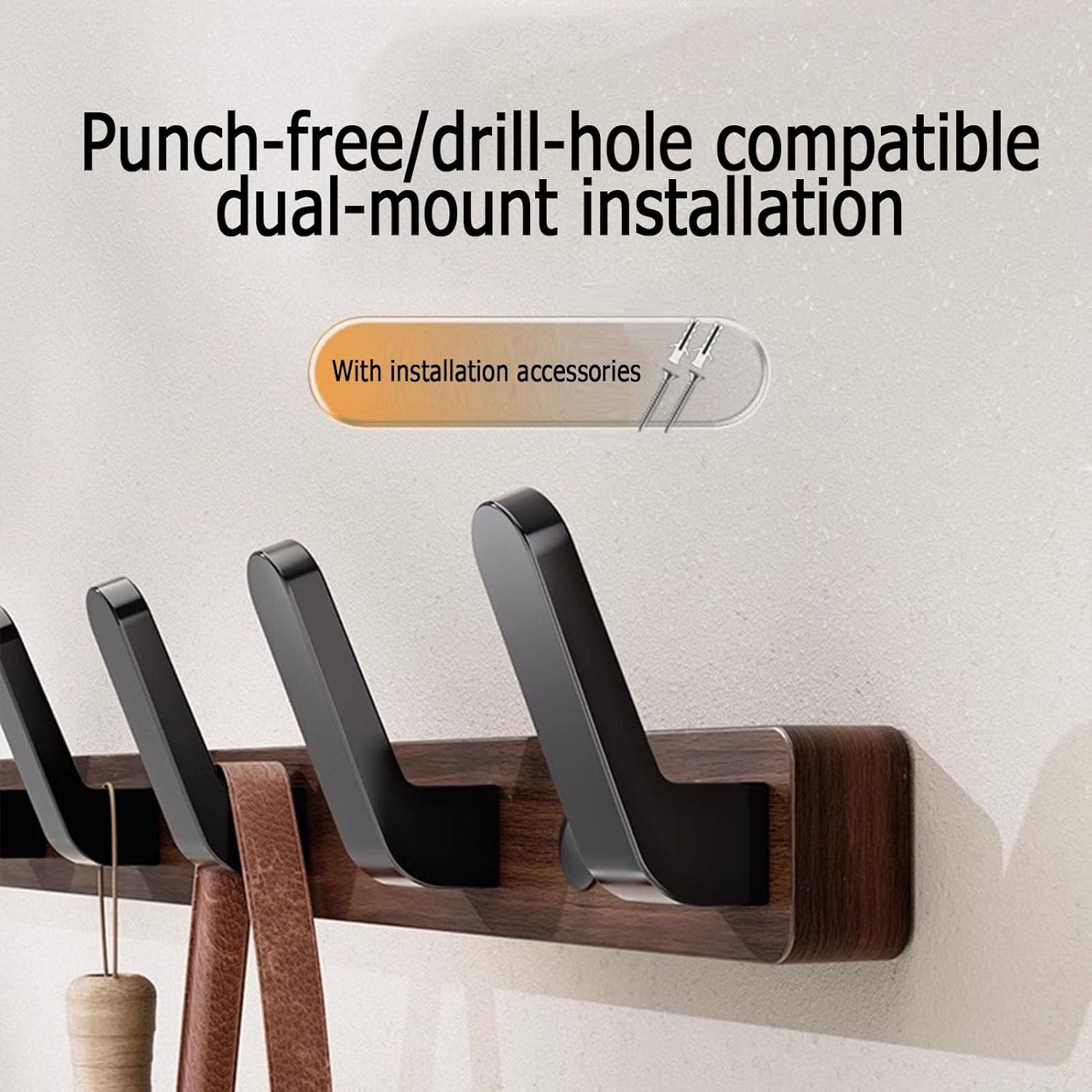 Coat rack - Wall coat rack - Coat rack with hooks - Storage rack - 25 × 3 cm - Wooden coat rack - Walnut - 4 hooks - Black