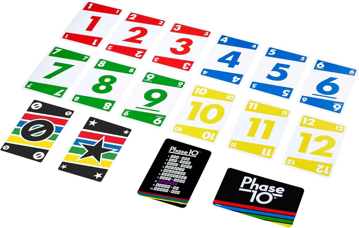 Mattel Games Phase 10 card game, sequences similar to rummy, contains 108 cards, for home.