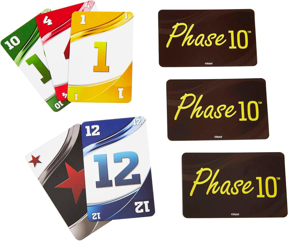 Mattel Games Phase 10 card game, sequences similar to rummy, contains 108 cards, for home.