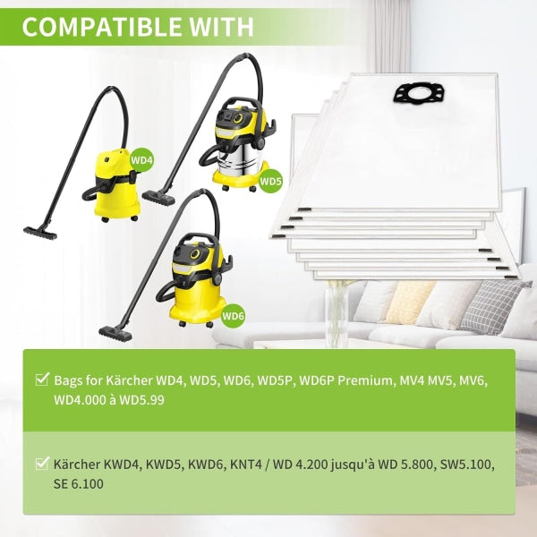 10 vacuum cleaner bags for Kärcher vacuum cleaners, compatible with wd4 wd5 wd6 mv4 mv5 mv6