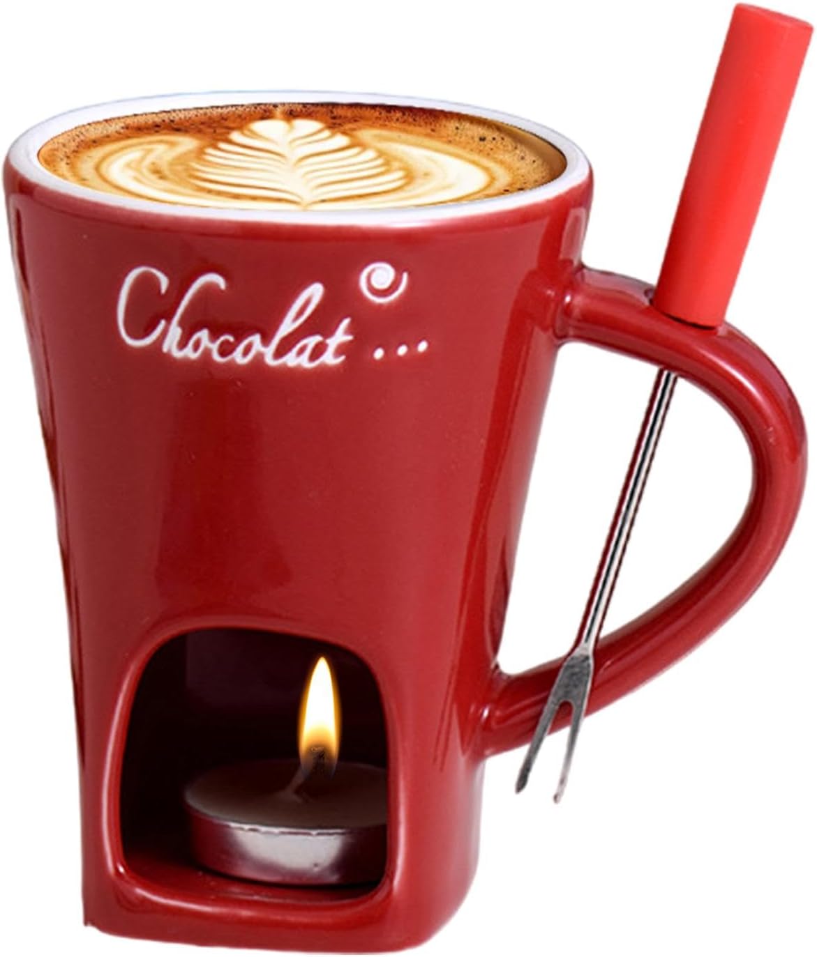 Tealight Fondue Set, Ceramic Melting Pot for Chocolate and Dessert Red