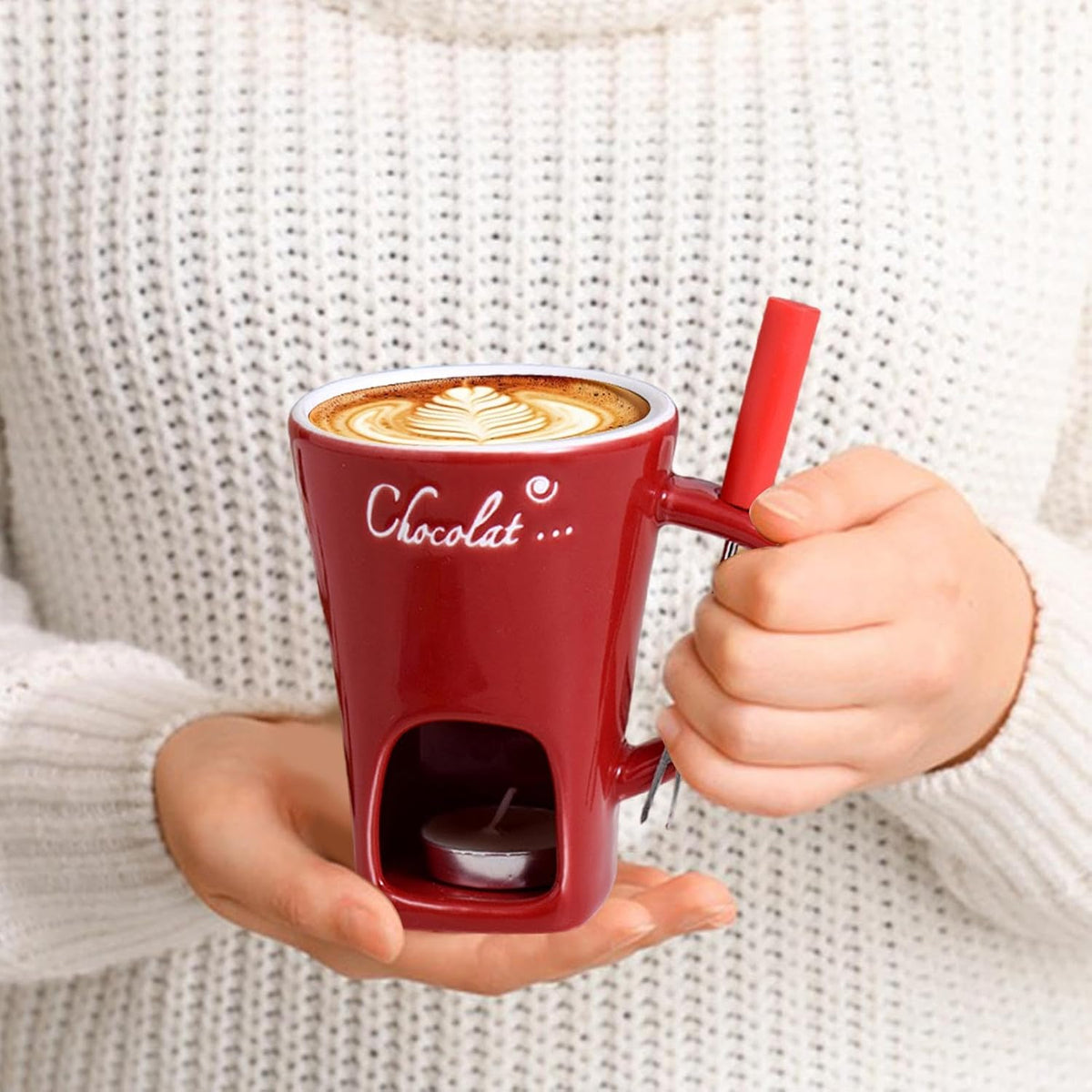 Tealight Fondue Set, Ceramic Melting Pot for Chocolate and Dessert Red