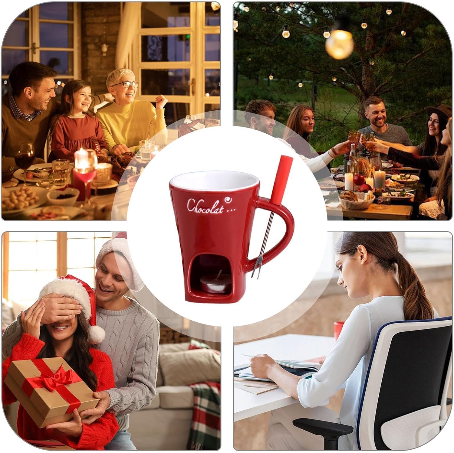 Tealight Fondue Set, Ceramic Melting Pot for Chocolate and Dessert Red