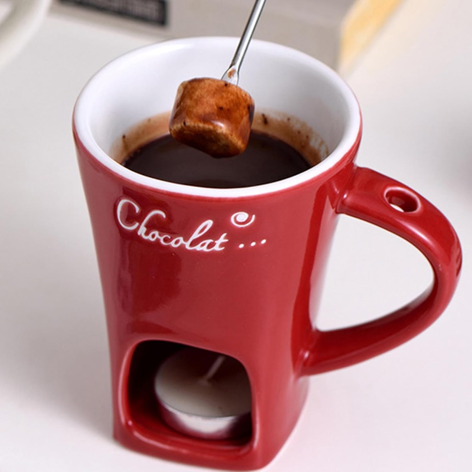 Tealight Fondue Set, Ceramic Melting Pot for Chocolate and Dessert Red