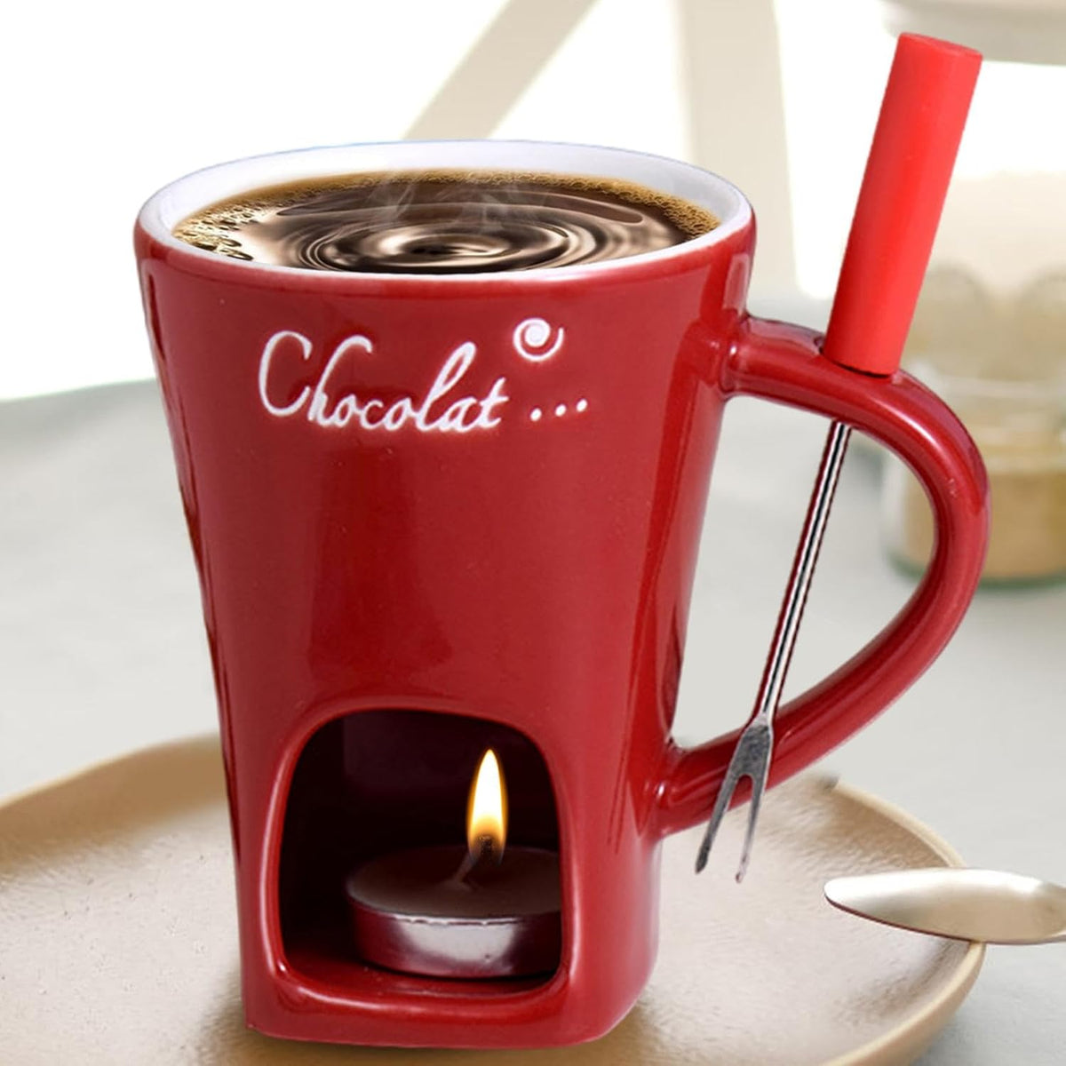 Tealight Fondue Set, Ceramic Melting Pot for Chocolate and Dessert Red