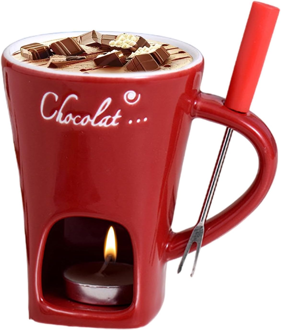 Tealight Fondue Set, Ceramic Melting Pot for Chocolate and Dessert Red