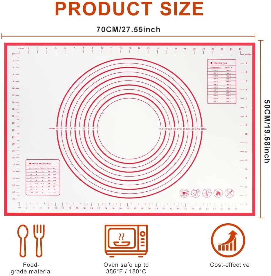 Non-stick rolling pin, 70×50cm silicone rolling pin, non-slip silicone baking mat, food plate, cake mat, cake mat, cake/pizza mat 70*50CM - red