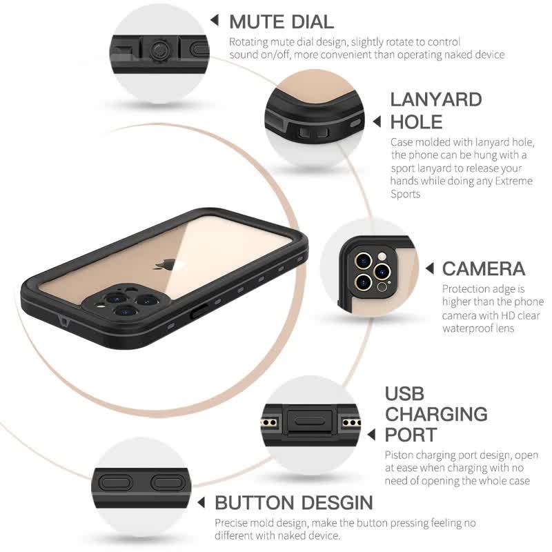 IP68 Waterproof Case for iPhone 15 14 13 12 11 Pro Max XS Max XR 7 8 Red Pepper Transparent Protection Diving Underwater Swimming Outdoor Sports Black Black i-Phone 15 Pro Max