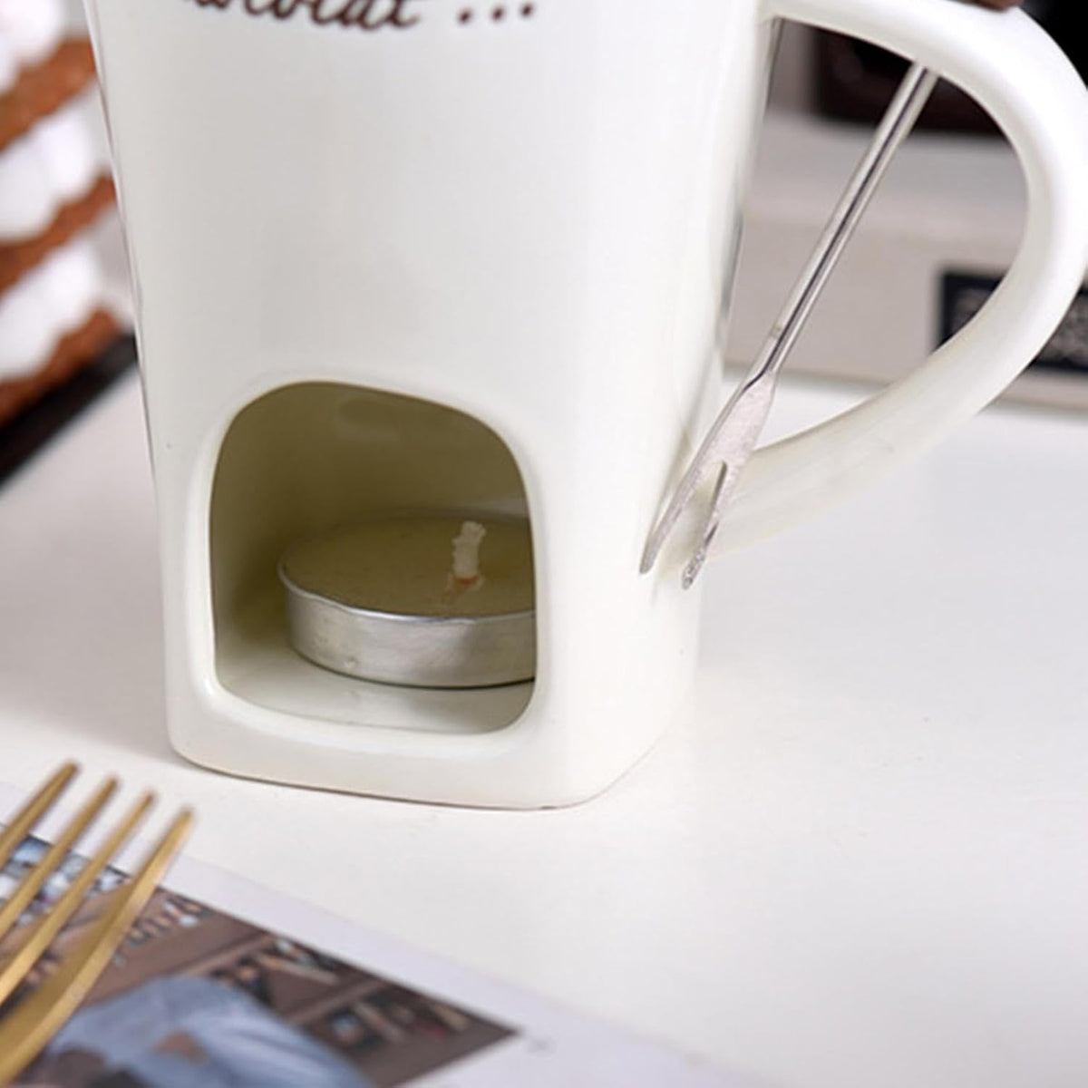 Tealight Fondue Set, Ceramic Melting Pot for Chocolate and Dessert Beige