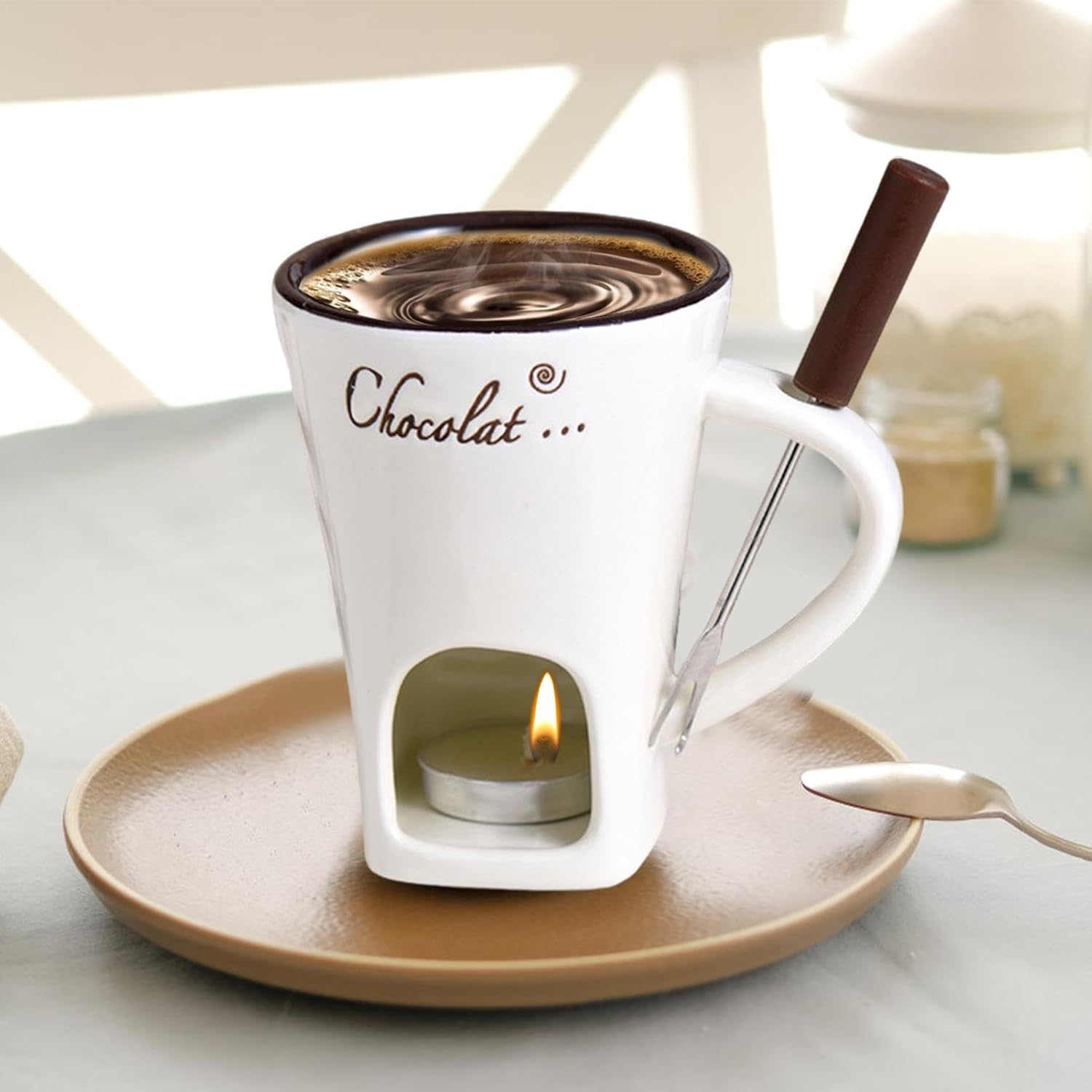 Tealight Fondue Set, Ceramic Melting Pot for Chocolate and Dessert Beige