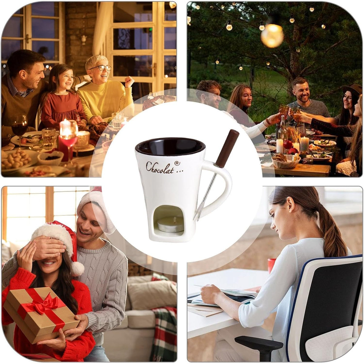 Tealight Fondue Set, Ceramic Melting Pot for Chocolate and Dessert Beige