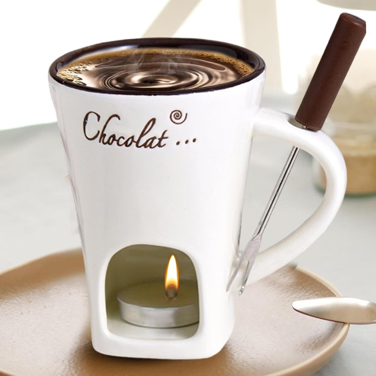 Tealight Fondue Set, Ceramic Melting Pot for Chocolate and Dessert Beige