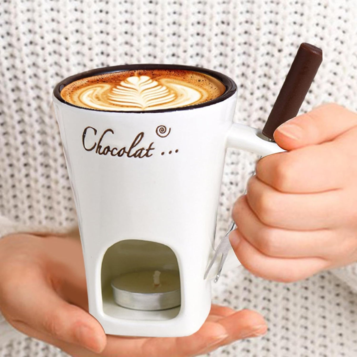 Tealight Fondue Set, Ceramic Melting Pot for Chocolate and Dessert Beige