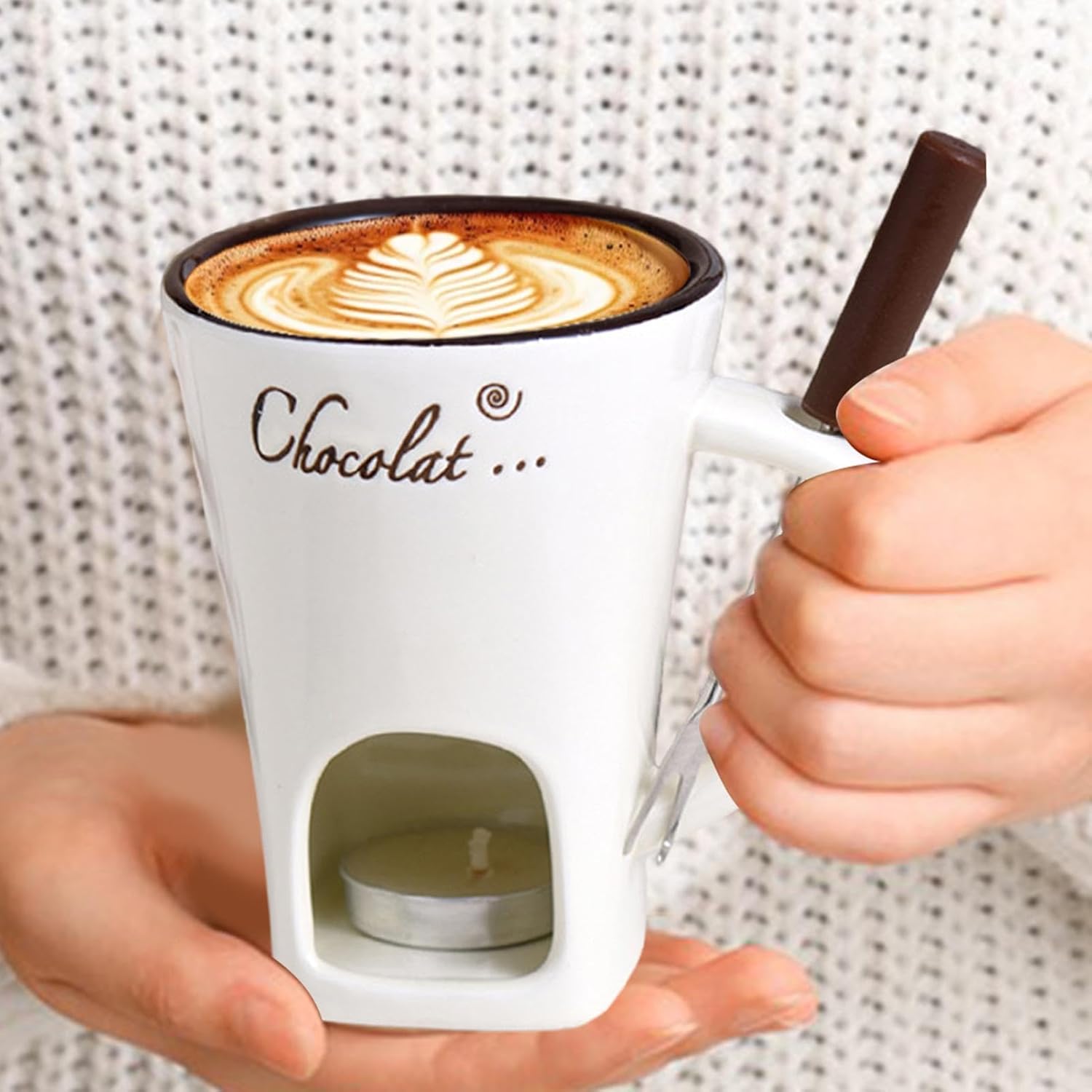 Tealight Fondue Set, Ceramic Melting Pot for Chocolate and Dessert Beige